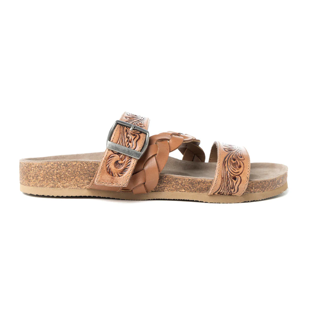 DUSTBARK HANDTOOLED LEATHER SANDALS IN RUSTIC TAN SIZE (10)